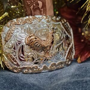 Rooster Cowboy Belt Buckle Western HebillaSilver & Rosetone 4x3.5 Inch